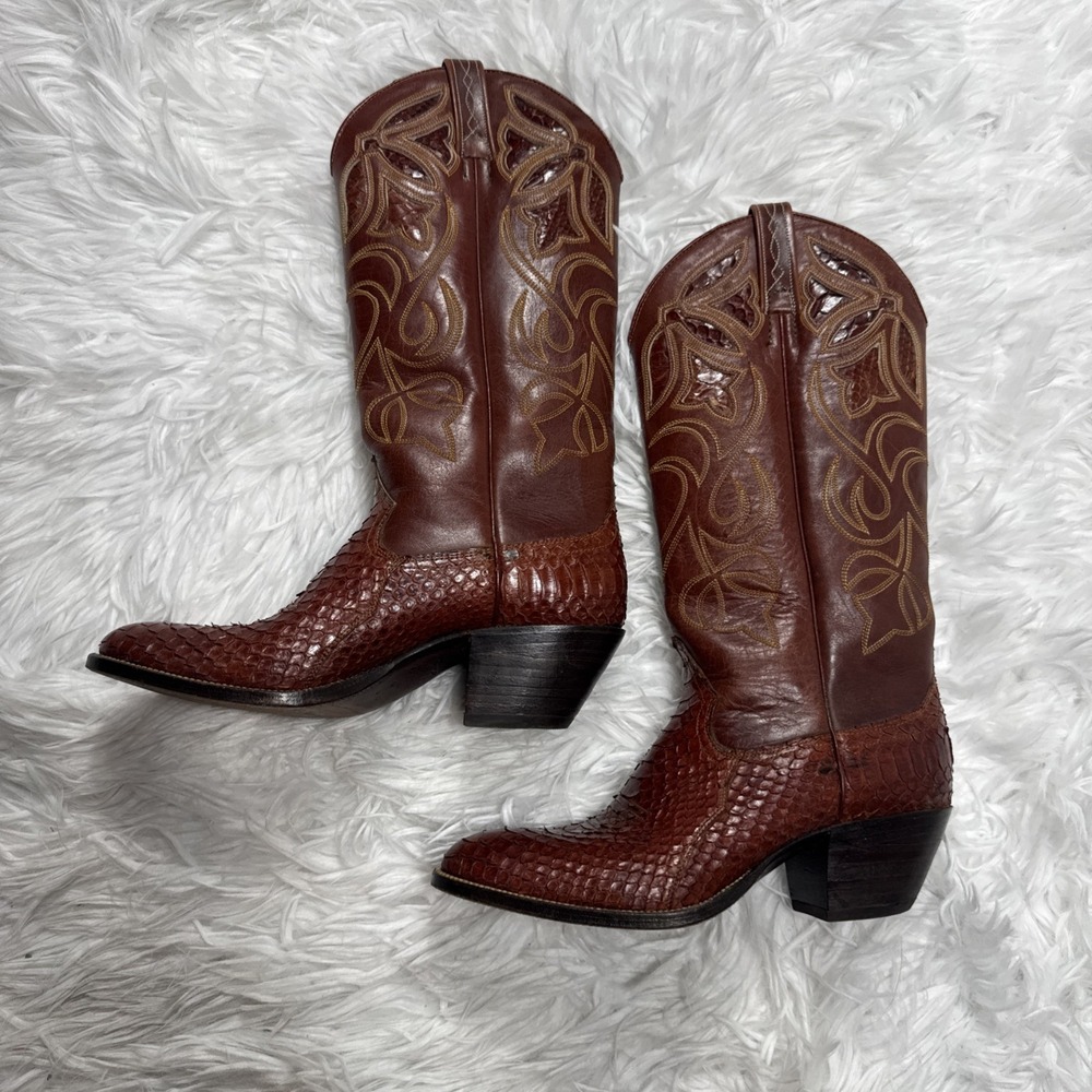Vintage Dan Post Brown Front Cut Python Cowboy Boots 6 C Snakeskin Made Spain!